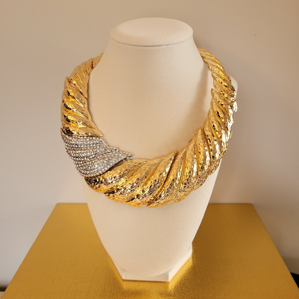 Natasha Necklace: Gold-tone with Rhinestones. Thick. Sparkly. Statement. Choker. - Picture 4 of 15